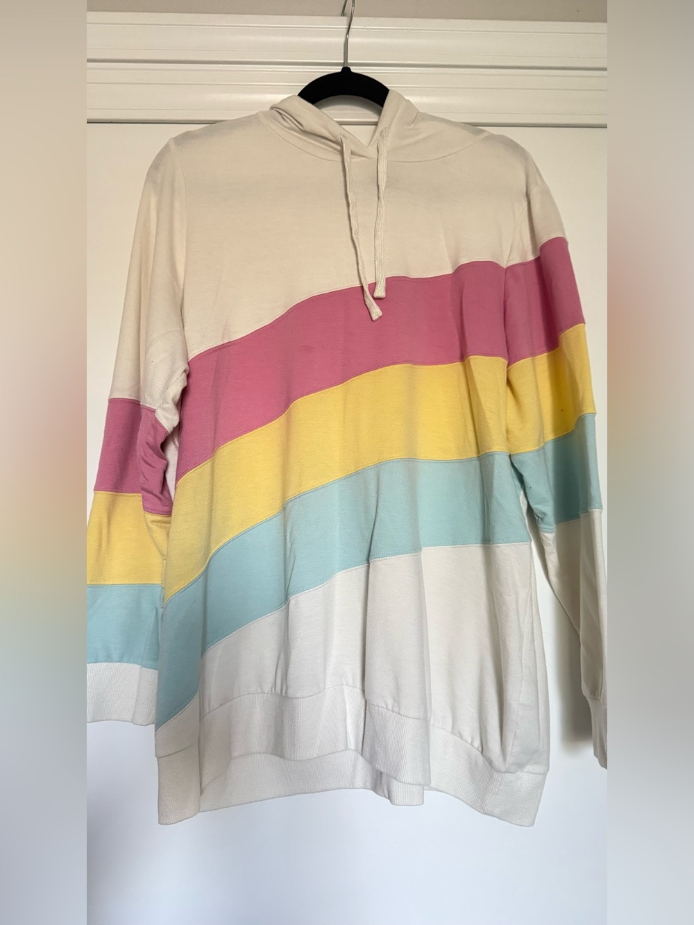 Off-white/Cream Hoodie with Pink, Yellow & Light Blue Stripes